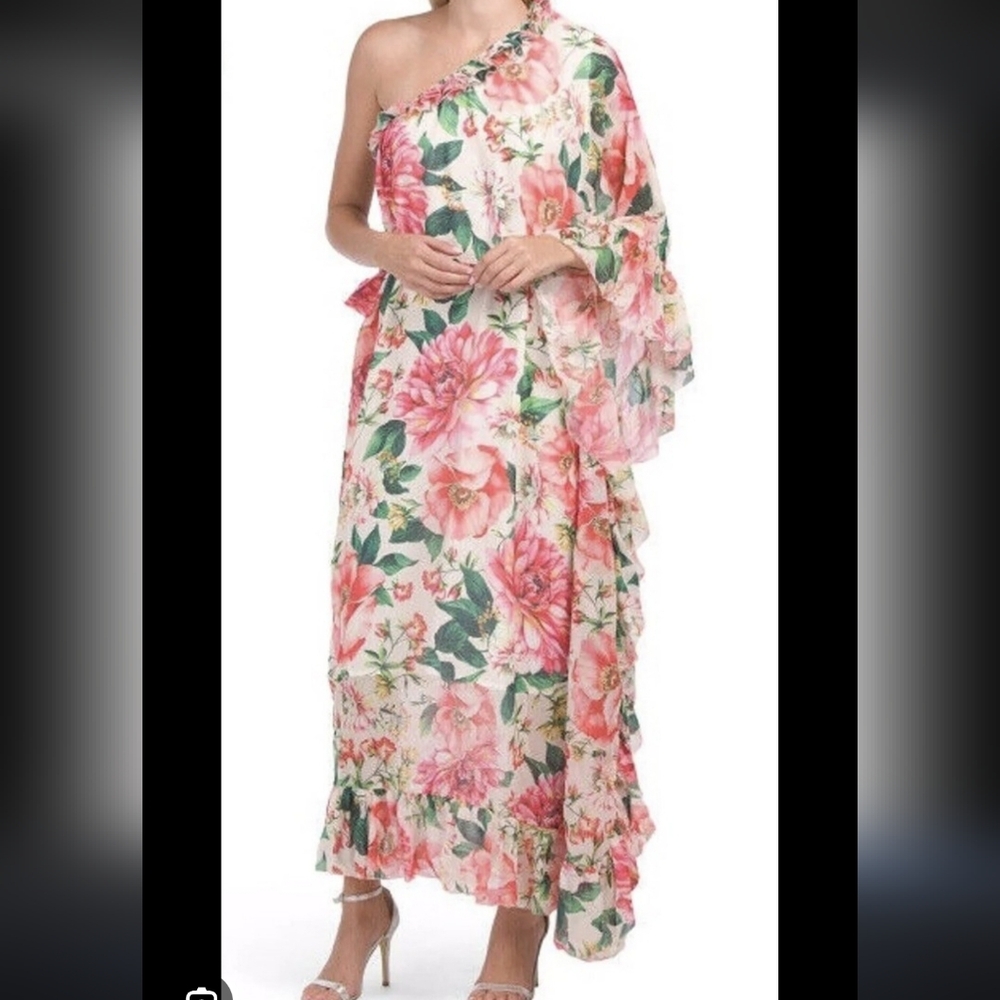 New Dalia MacPhee Pink Green Floral One-Shoulder Maxi Dress Medium NO BELT
